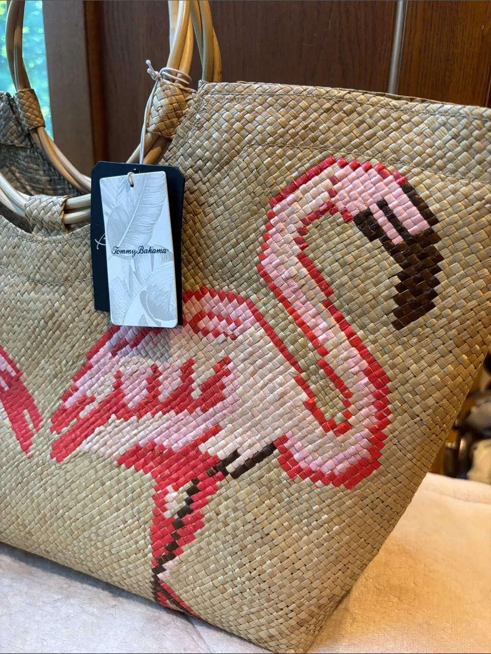 NWT Tommy Bahama X Banago Hand woven Flamingo Woven Tote - Picture 3 of 14